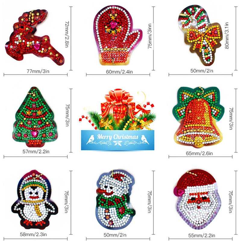 8Pcs de Porte-Clés Acryliques Une Face Ornements de Noël Broderie Diamant