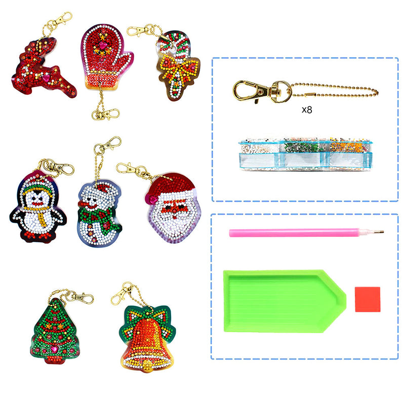 8Pcs de Porte-Clés Acryliques Une Face Ornements de Noël Broderie Diamant