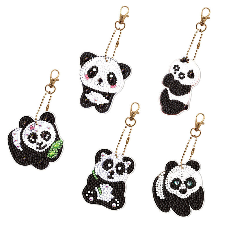 5Pcs de Porte-Clés Acryliques Double Face Jolis Pandas Broderie Diamant