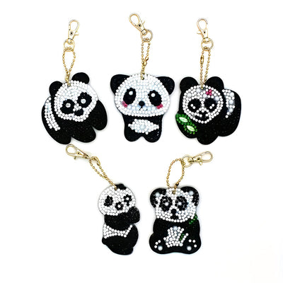 5Pcs de Porte-Clés Acryliques Double Face Jolis Pandas Broderie Diamant