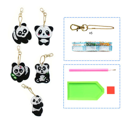 5Pcs de Porte-Clés Acryliques Double Face Jolis Pandas Broderie Diamant