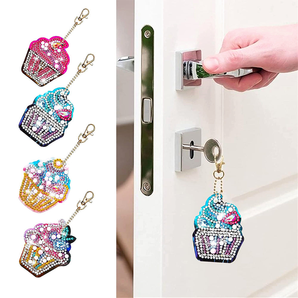 4Pcs de Porte-Clés Acryliques Double Face Glace Délicieuse Broderie Diamant