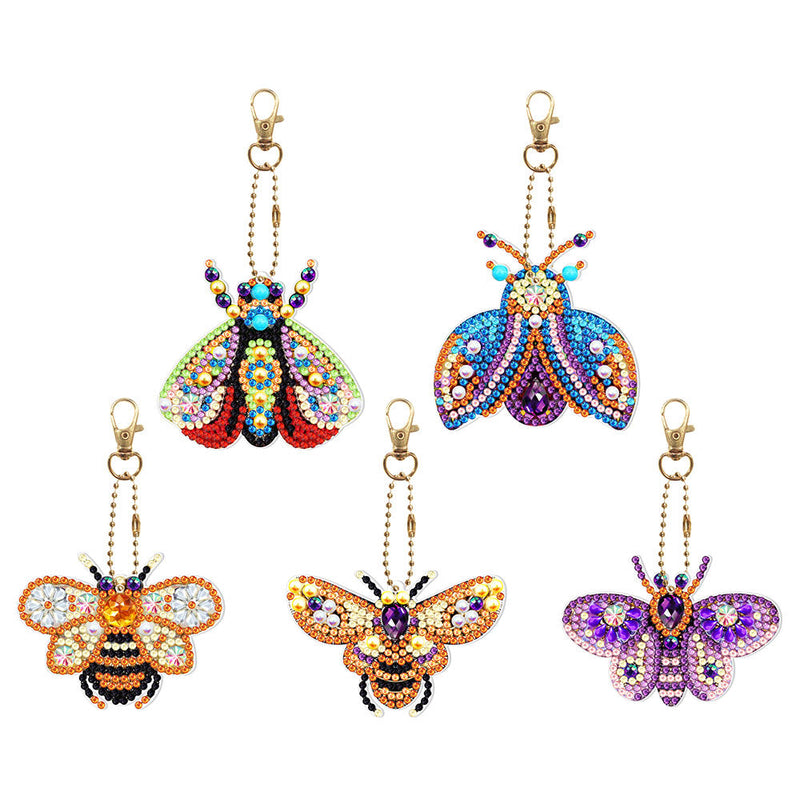 5Pcs de Porte-Clés Acryliques Double Face Insectes Volants Colorés Broderie Diamant