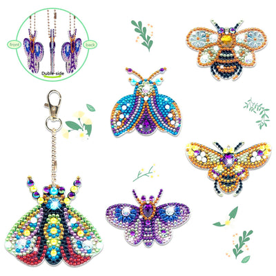 5Pcs de Porte-Clés Acryliques Double Face Insectes Volants Colorés Broderie Diamant