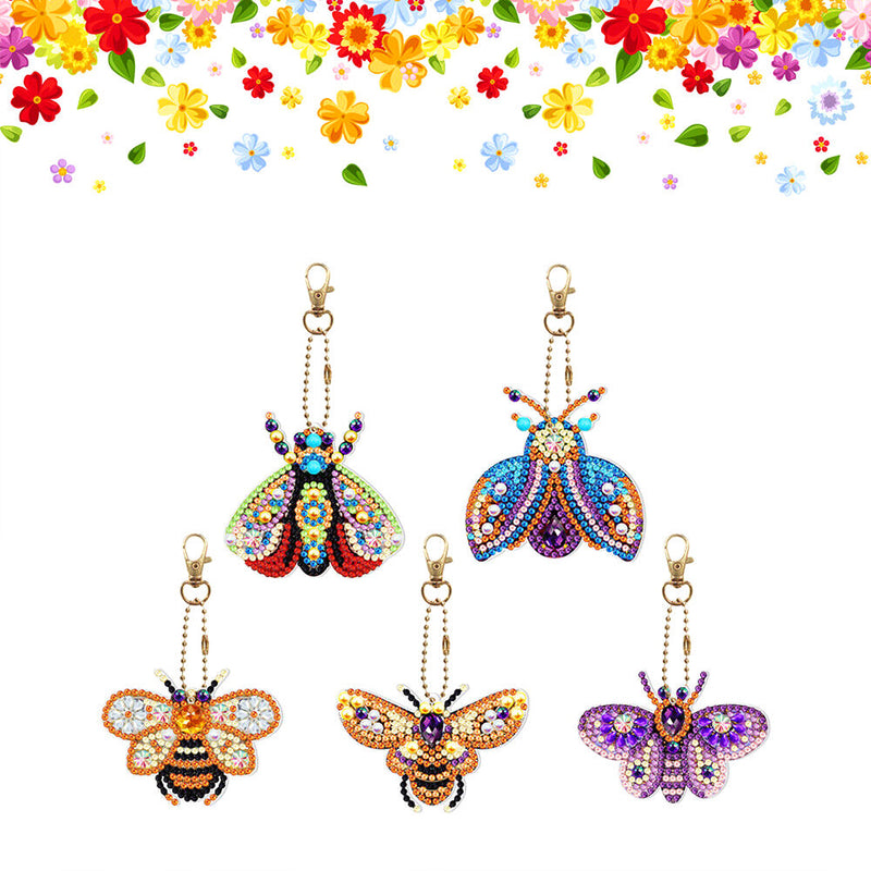 5Pcs de Porte-Clés Acryliques Double Face Insectes Volants Colorés Broderie Diamant