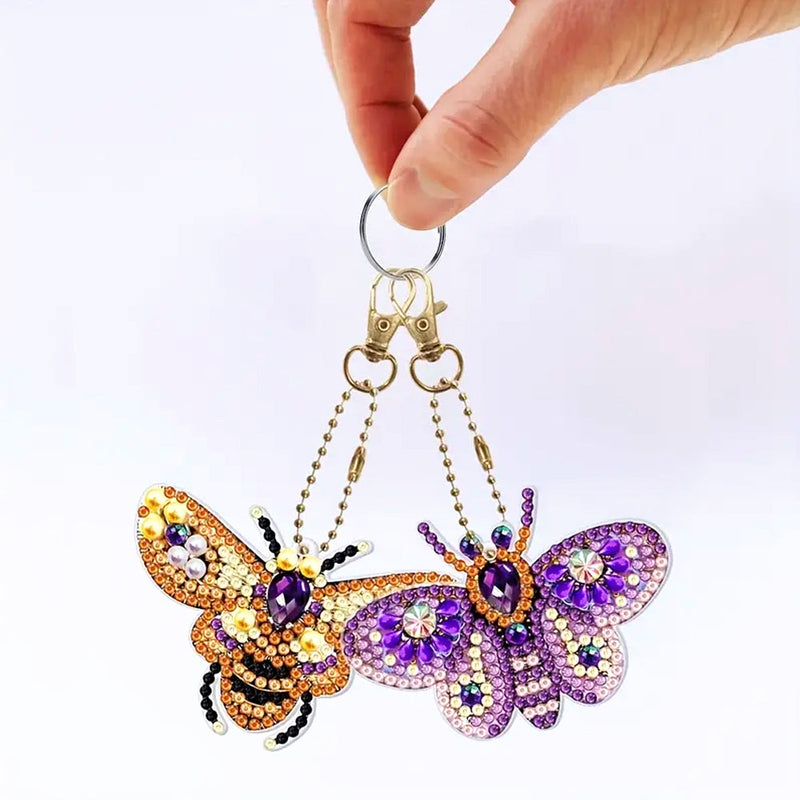 5Pcs de Porte-Clés Acryliques Double Face Insectes Volants Colorés Broderie Diamant