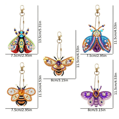 5Pcs de Porte-Clés Acryliques Double Face Insectes Volants Colorés Broderie Diamant