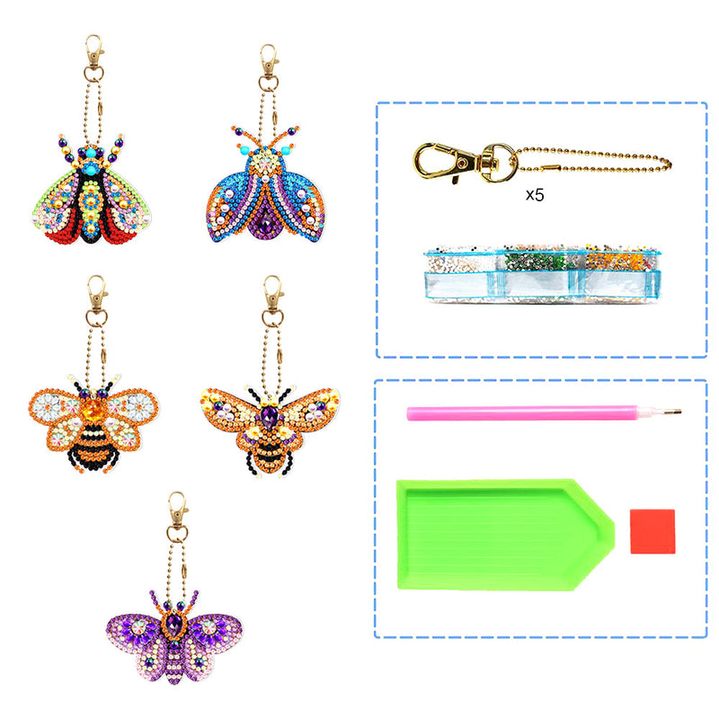 5Pcs de Porte-Clés Acryliques Double Face Insectes Volants Colorés Broderie Diamant