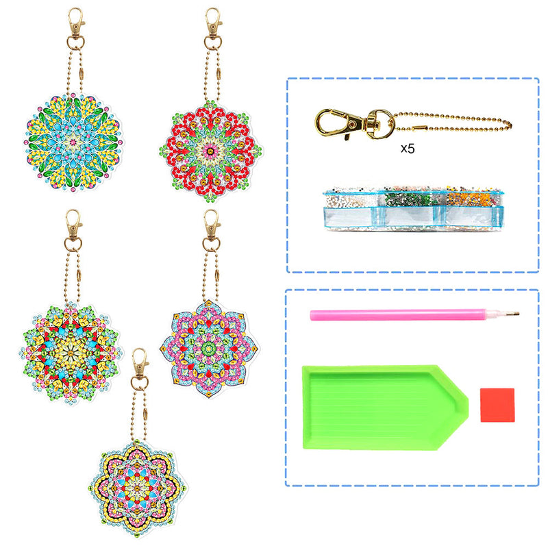 5Pcs de Porte-Clés Acryliques Double Face Mandala Fleur Colorée Broderie Diamant