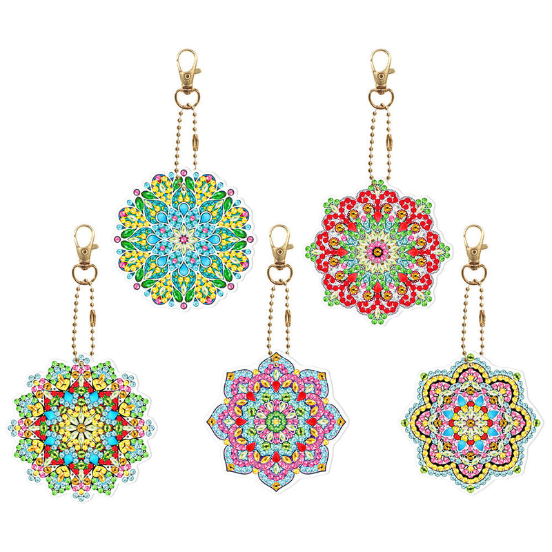 5Pcs de Porte-Clés Acryliques Double Face Mandala Fleur Colorée Broderie Diamant