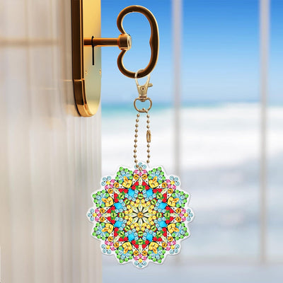 5Pcs de Porte-Clés Acryliques Double Face Mandala Fleur Colorée Broderie Diamant