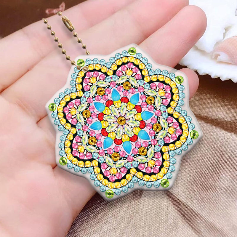 5Pcs de Porte-Clés Acryliques Double Face Mandala Fleur Colorée Broderie Diamant