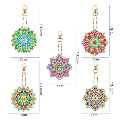 5Pcs de Porte-Clés Acryliques Double Face Mandala Fleur Colorée Broderie Diamant