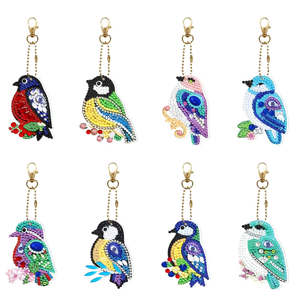 8Pcs de Porte-Clés Acryliques Double Face Oiseaux Colorés Broderie Diamant