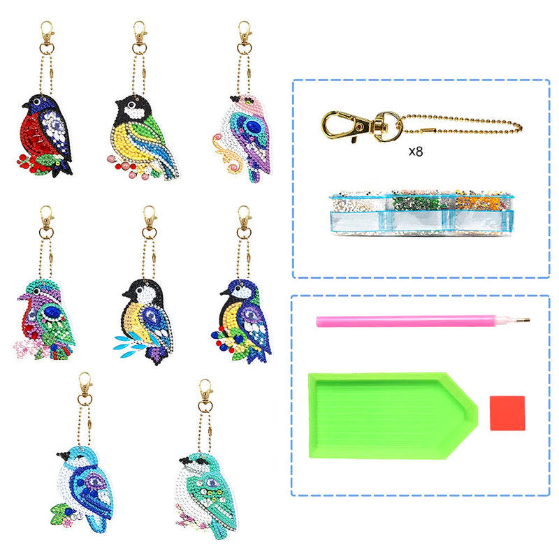 8Pcs de Porte-Clés Acryliques Double Face Oiseaux Colorés Broderie Diamant