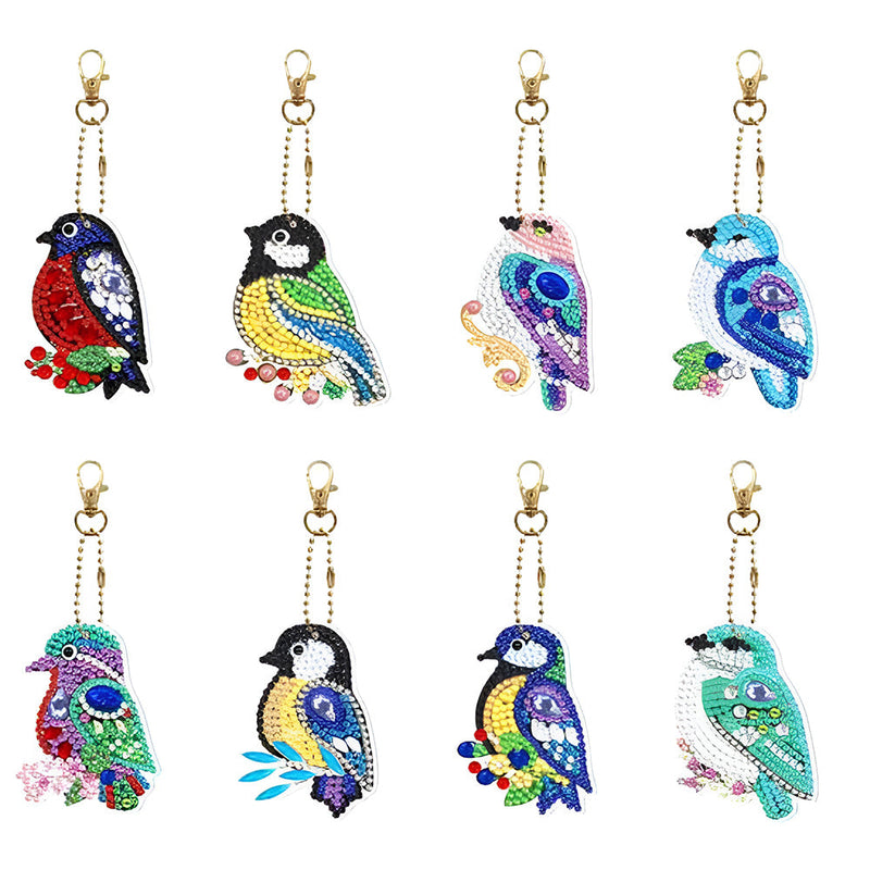 8Pcs de Porte-Clés Acryliques Double Face Oiseaux Colorés Broderie Diamant