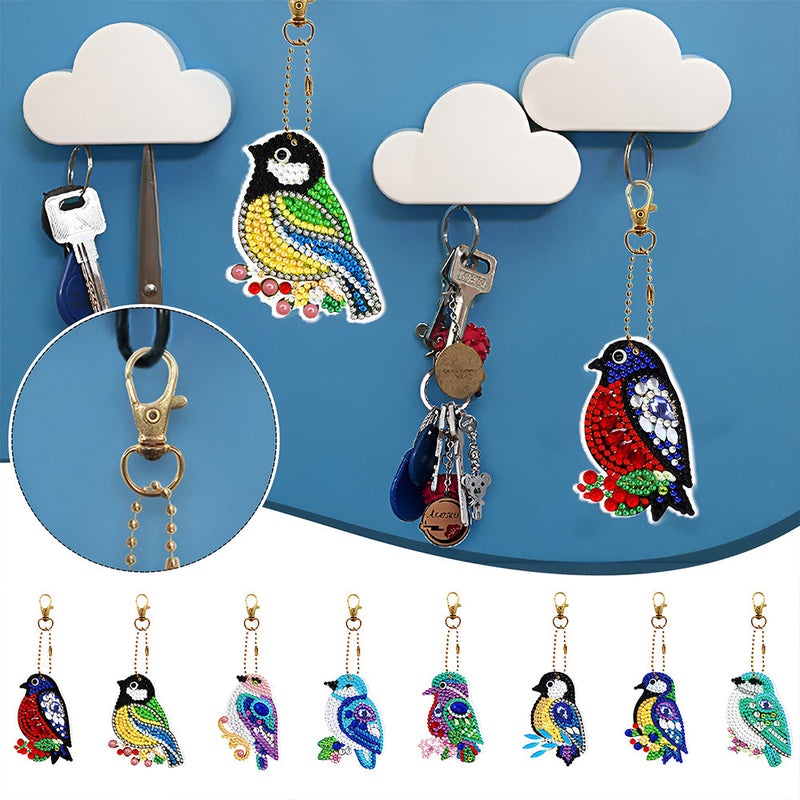 8Pcs de Porte-Clés Acryliques Double Face Oiseaux Colorés Broderie Diamant