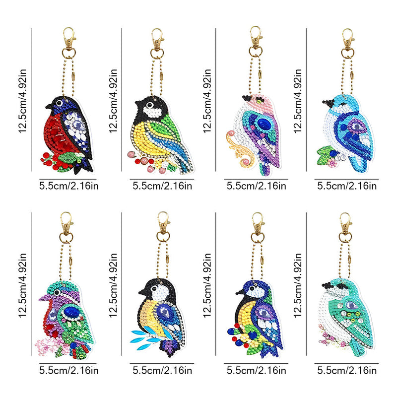 8Pcs de Porte-Clés Acryliques Double Face Oiseaux Colorés Broderie Diamant