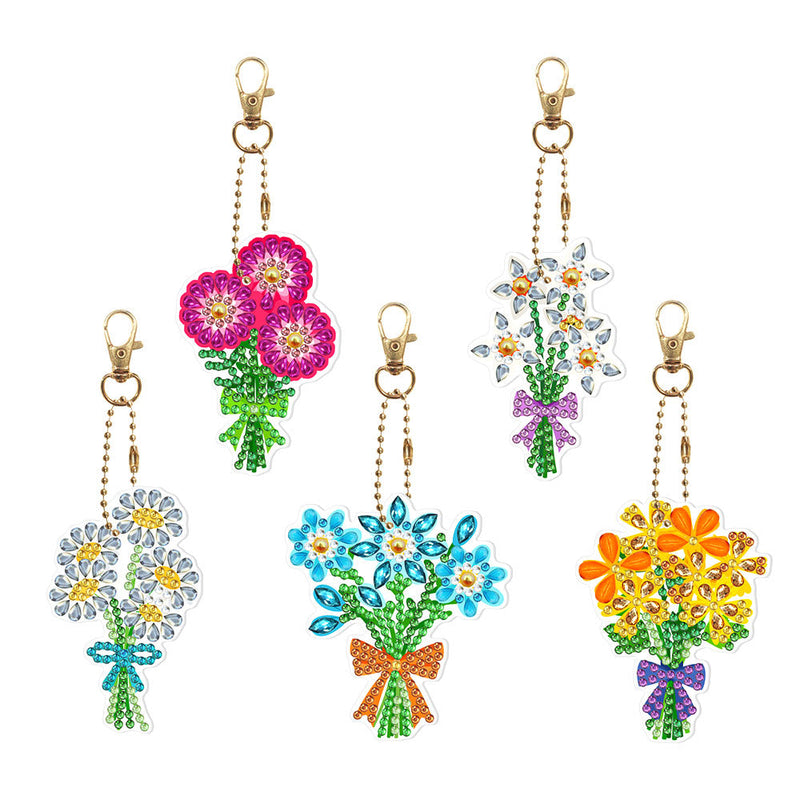 5Pcs de Porte-Clés Acryliques Double Face Petit Bouquet Broderie Diamant