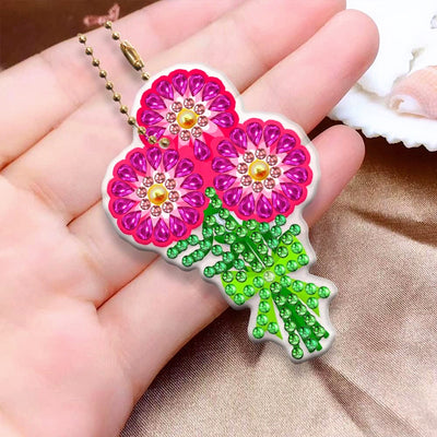 5Pcs de Porte-Clés Acryliques Double Face Petit Bouquet Broderie Diamant