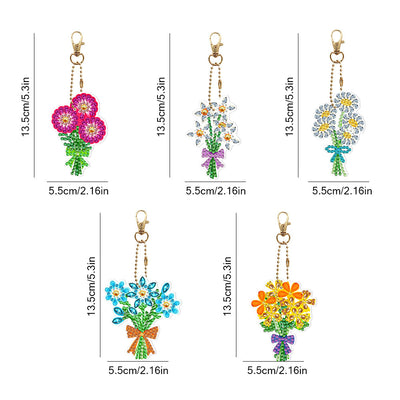 5Pcs de Porte-Clés Acryliques Double Face Petit Bouquet Broderie Diamant