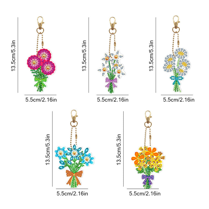 5Pcs de Porte-Clés Acryliques Double Face Petit Bouquet Broderie Diamant