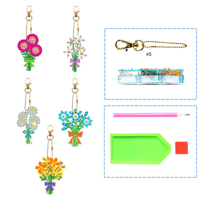 5Pcs de Porte-Clés Acryliques Double Face Petit Bouquet Broderie Diamant