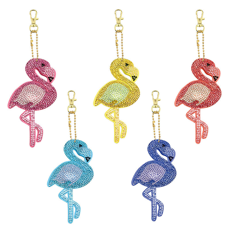 5Pcs de Porte-Clés Acryliques Double Face Flamingo Coloré Broderie Diamant