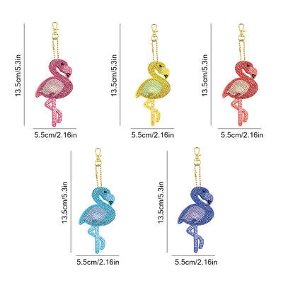 5Pcs de Porte-Clés Acryliques Double Face Flamingo Coloré Broderie Diamant