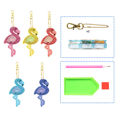 5Pcs de Porte-Clés Acryliques Double Face Flamingo Coloré Broderie Diamant