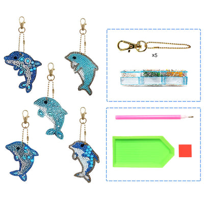 5Pcs de Porte-Clés Acryliques Double Face Dauphins Bleus Broderie Diamant