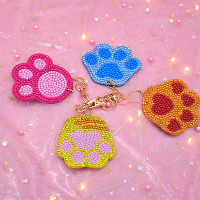 4Pcs de Porte-Clés Acryliques Double Face Pattes des Animaux Mignonnes Broderie Diamant