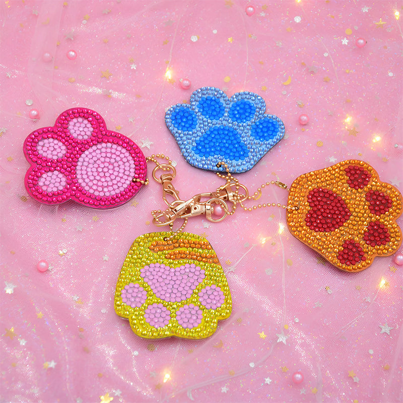 4Pcs de Porte-Clés Acryliques Double Face Pattes des Animaux Mignonnes Broderie Diamant