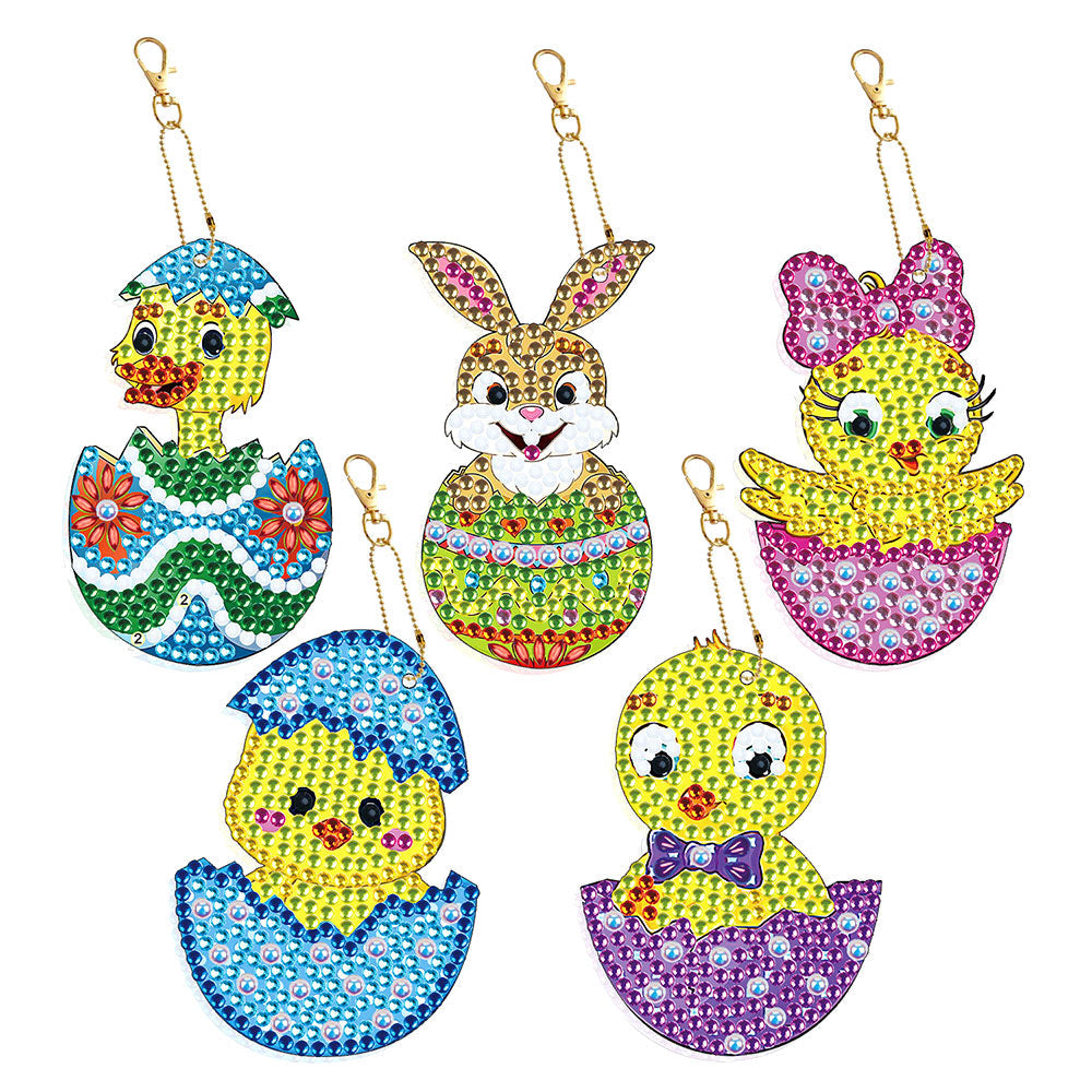 5Pcs de Porte-Clés Acryliques Double Face Animaux dans Les Coquilles d'Œuf des Pâques Broderie Diamant