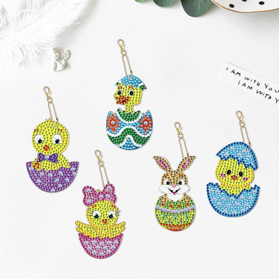 5Pcs de Porte-Clés Acryliques Double Face Animaux dans Les Coquilles d'Œuf des Pâques Broderie Diamant