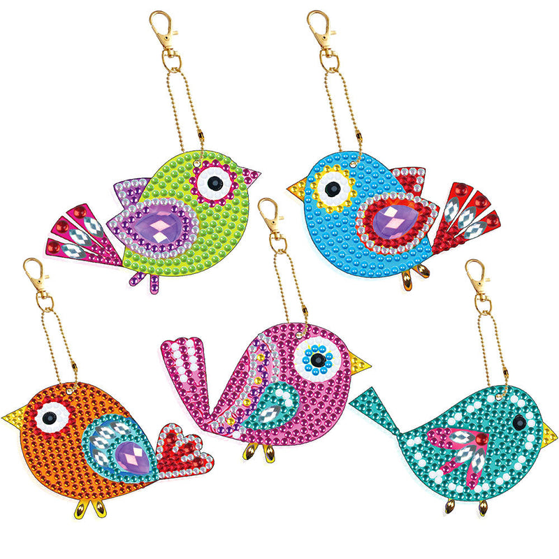 5Pcs de Porte-Clés Acryliques Double Face Oiseaux Jolis Colorés Broderie Diamant