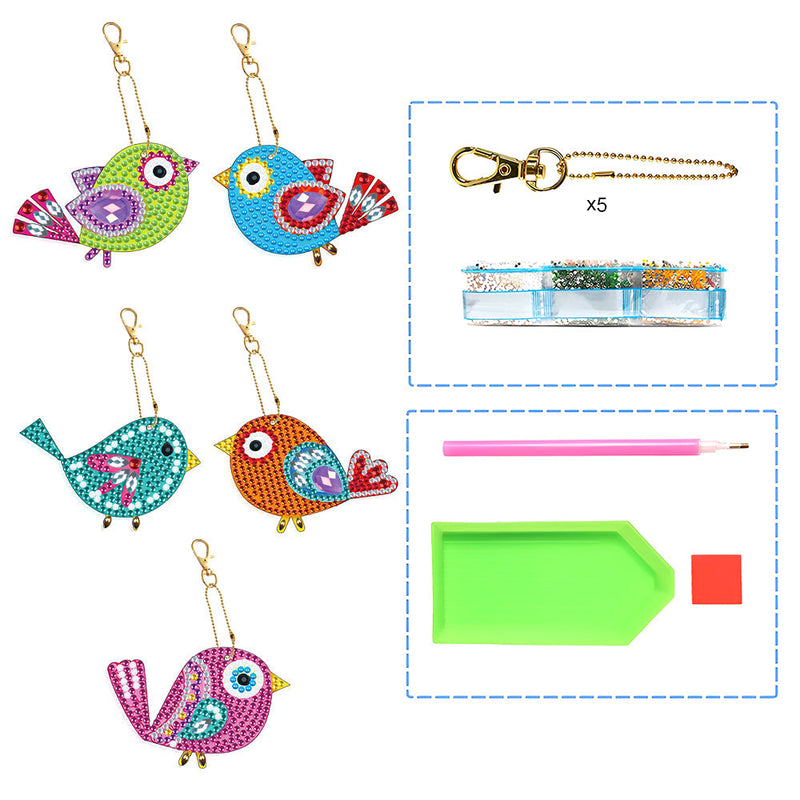 5Pcs de Porte-Clés Acryliques Double Face Oiseaux Jolis Colorés Broderie Diamant