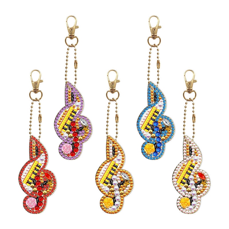 5Pcs de Porte-Clés Acryliques Double Face La Note Musicale Colorée Broderie Diamant