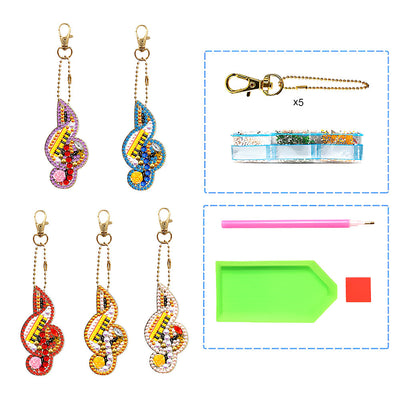 5Pcs de Porte-Clés Acryliques Double Face La Note Musicale Colorée Broderie Diamant