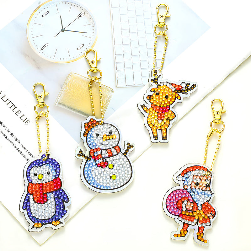 4Pcs de Porte-Clés Acryliques Double Face Animaux de Noël Broderie Diamant