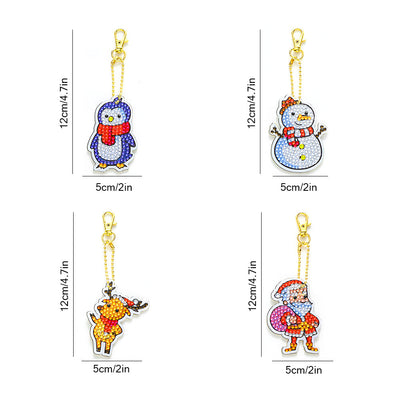 4Pcs de Porte-Clés Acryliques Double Face Animaux de Noël Broderie Diamant