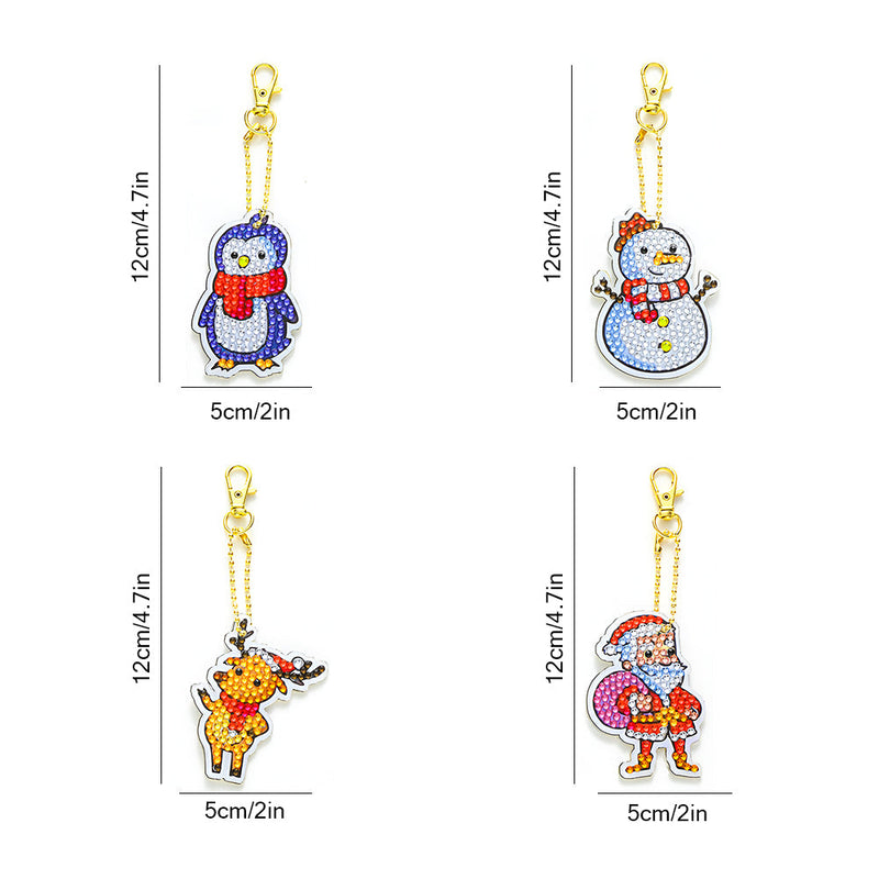 4Pcs de Porte-Clés Acryliques Double Face Animaux de Noël Broderie Diamant