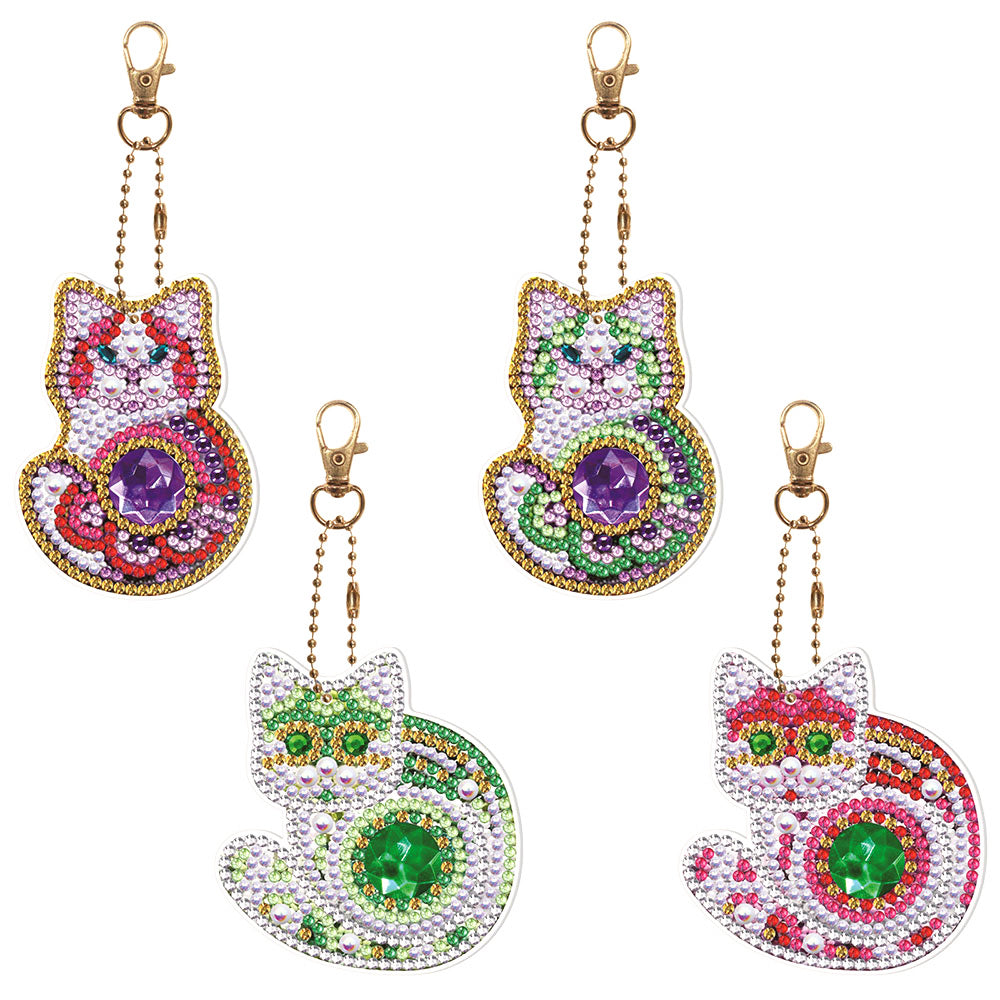 4Pcs de Porte-Clés Acryliques Double Face Chat Coloré Formidable Broderie Diamant