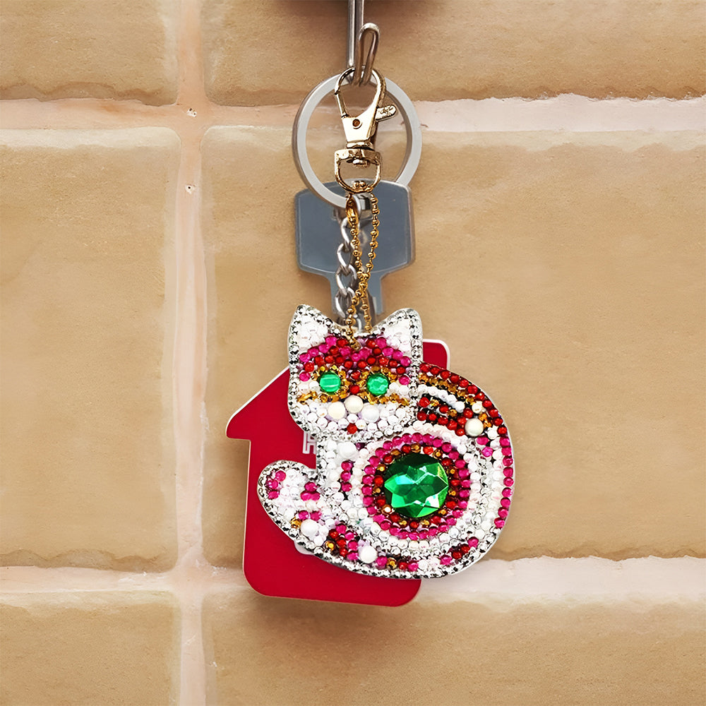 4Pcs de Porte-Clés Acryliques Double Face Chat Coloré Formidable Broderie Diamant