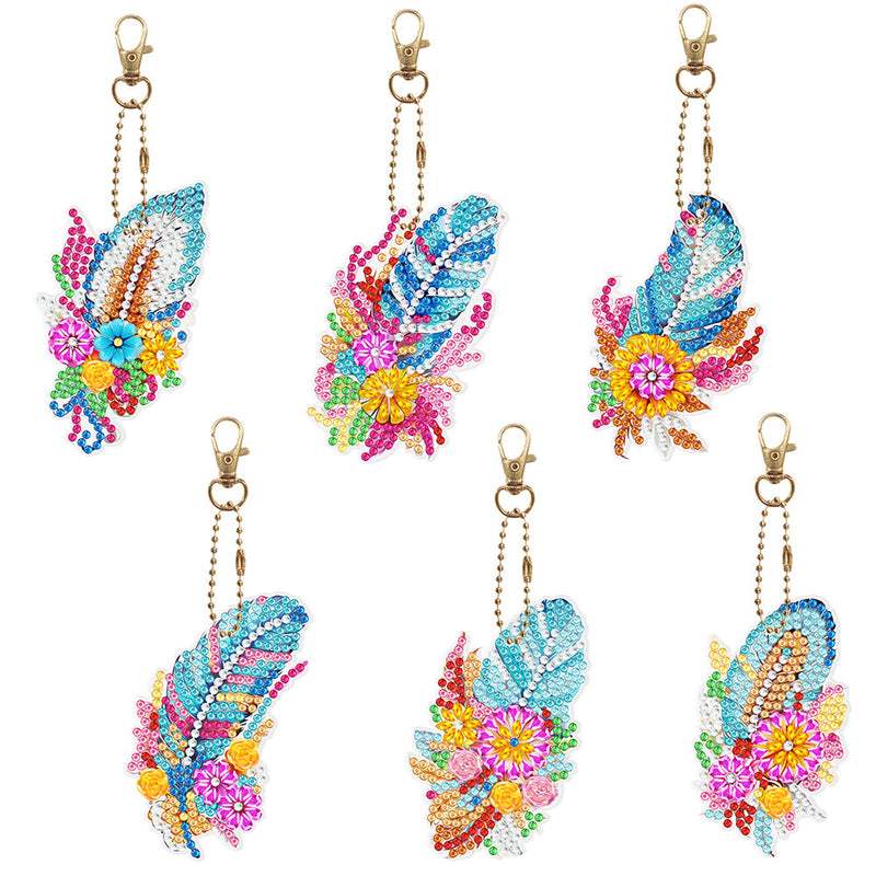 6Pcs de Porte-Clés Acryliques Double Face Plumes à Fleurs Colorées Broderie Diamant