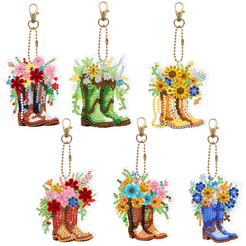 6Pcs de Porte-Clés Acryliques Double Face Bottes Florales Broderie Diamant