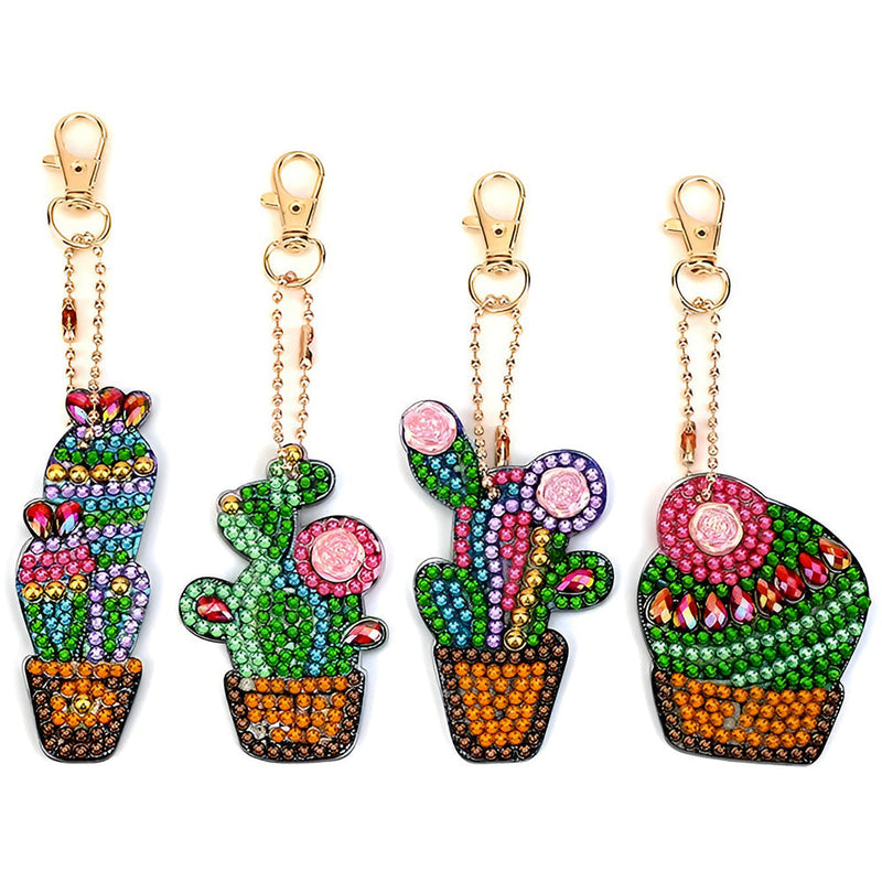 4Pcs de Porte-Clés Acryliques Double Face Cactus en Pot Broderie Diamant