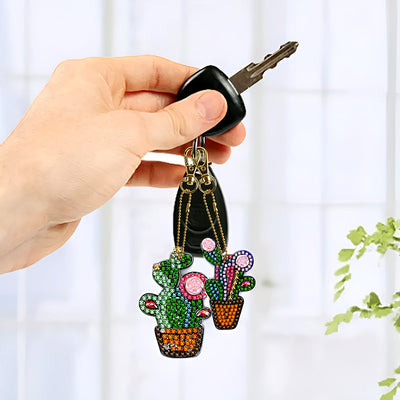 4Pcs de Porte-Clés Acryliques Double Face Cactus en Pot Broderie Diamant