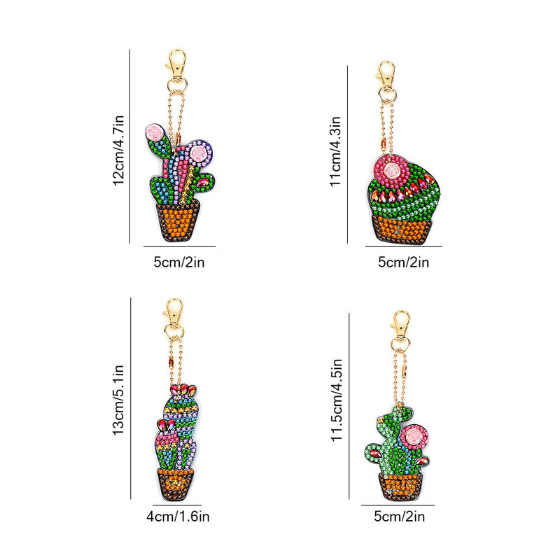 4Pcs de Porte-Clés Acryliques Double Face Cactus en Pot Broderie Diamant