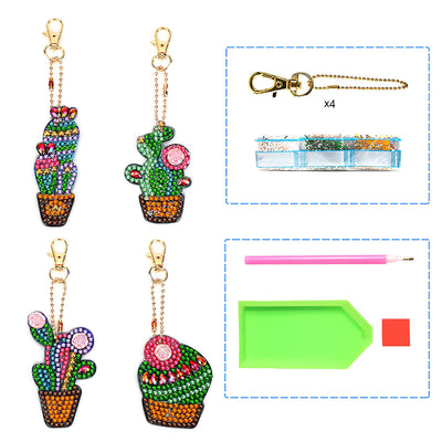 4Pcs de Porte-Clés Acryliques Double Face Cactus en Pot Broderie Diamant